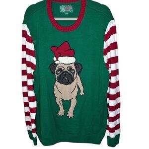 The Ugly Sweater Co Unisex XL Green Pug Christmas Sweater Striped Sleeves